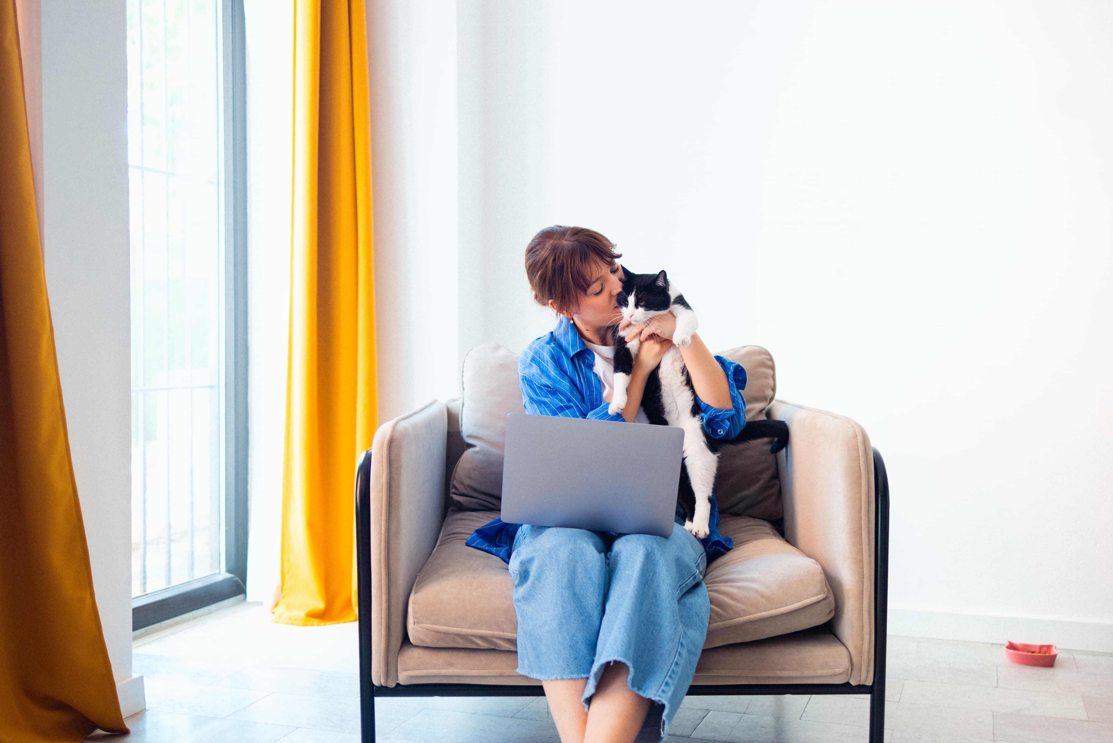 Person on a sofa with a cat on their lap while working from home